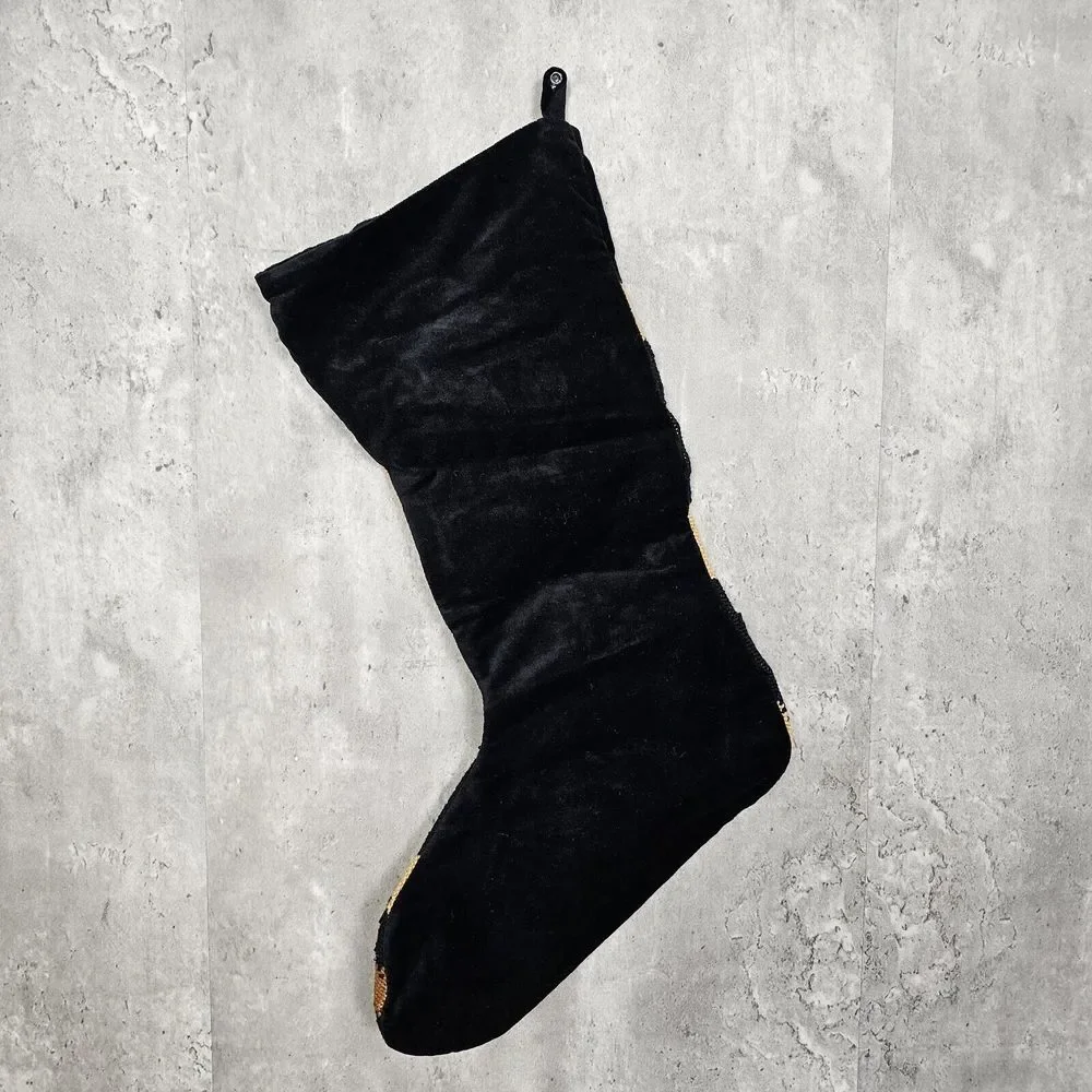 West Elm Leopard Beaded Wool Cotton Black Brown Christmas Stocking Holiday Decor